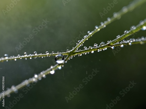 Extreme close-up of a dewdrop on a spider's web refracting a tiny cross.