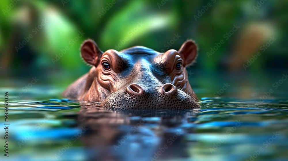 Close-up view of a hippo gracefully swimming in a serene pond, surrounded by lush greenery and calm waters. Close-up view of a hippo gracefully swimming in a serene pond, surrounded by lush greenery and calm waters.