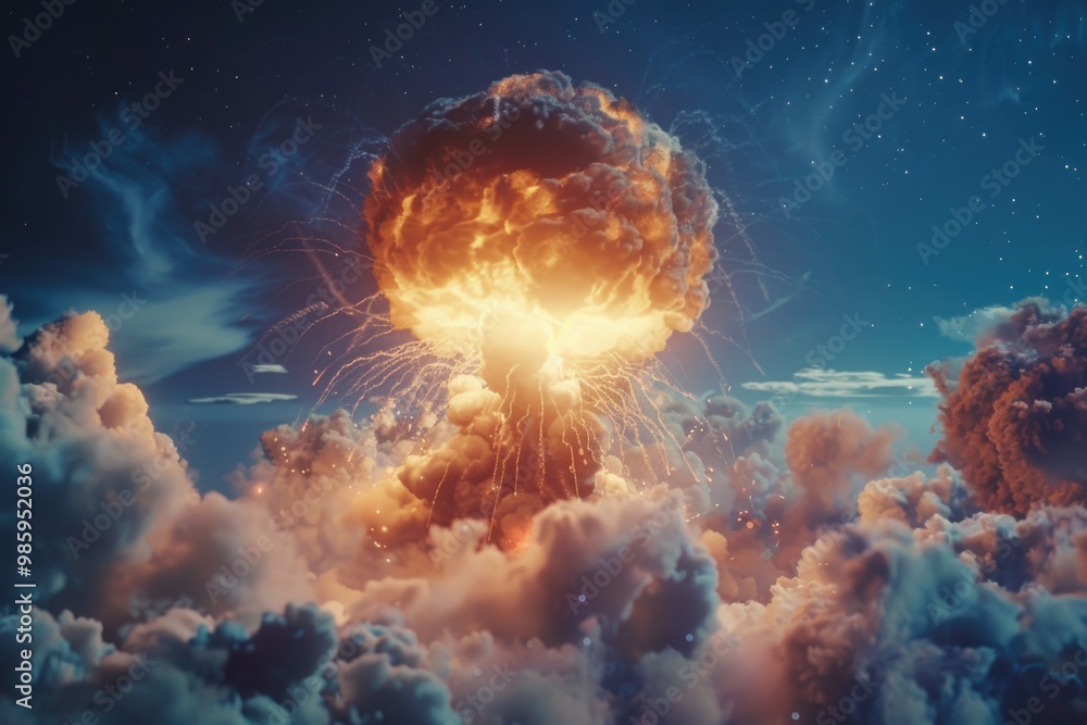 A nuclear explosion occurs against a cloudy sky background A nuclear explosion occurs against a cloudy sky background