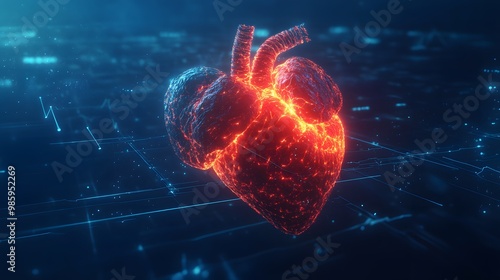 Wallpaper Mural Anatomical 3D human heart with a glowing red core against a blue digital background, electrocardiogram waves, the cardiovascular system and futuristic medical technology. Torontodigital.ca