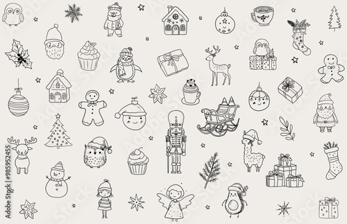 Seamless pattern of Christmas hand drawn whimsical line art icons. Vector illustrations, Xmas pattern, hand sketched doodles, Quirky style drawing.