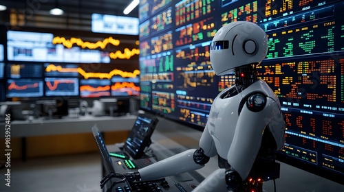 A robotic figure sits in a control room filled with screens displaying real time market volatility data monitoring financial trends and shifts using advanced algorithms and analytics