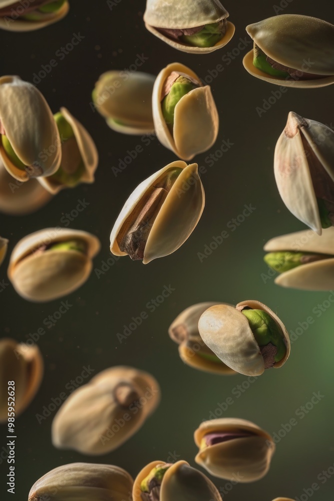 A group of pistachios suspended in mid-air, perfect for creative uses such as food styling or conceptual photography A group of pistachios suspended in mid-air, perfect for creative uses such as food styling or conceptual photography