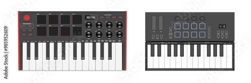 Realistic synthesizers, midi controller. Two octaves, keys, pads and buttons.