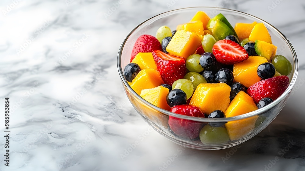 Vibrant fruit salad in a glass bowl on a white marble table, featuring colorful tropical fruits like mango, strawberry, and blueberry, highlighting fresh and refreshing dessert. Vibrant fruit salad in a glass bowl on a white marble table, featuring colorful tropical fruits like mango, strawberry, and blueberry, highlighting fresh and refreshing dessert.