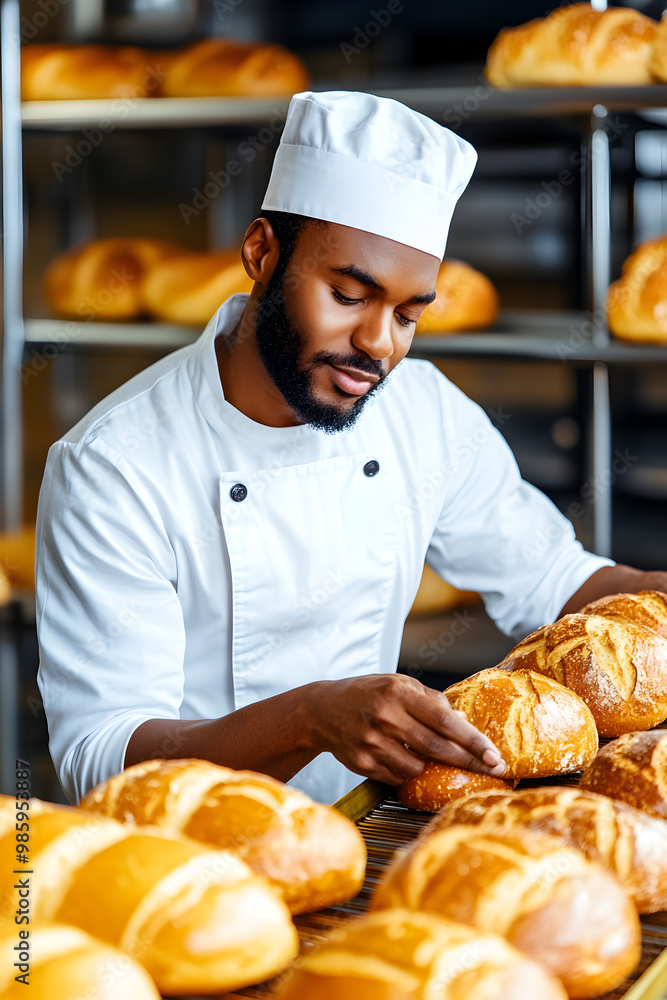 African man in a white uniform works on a high-speed bread production line, ensuring efficient and timely bread processing. Food industry concept. African man in a white uniform works on a high-speed bread production line, ensuring efficient and timely bread processing. Food industry concept.