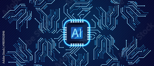 Ai technology banner background. Futuristic design with CPU, circuit board. Artificial intelligence blue vector illustration.