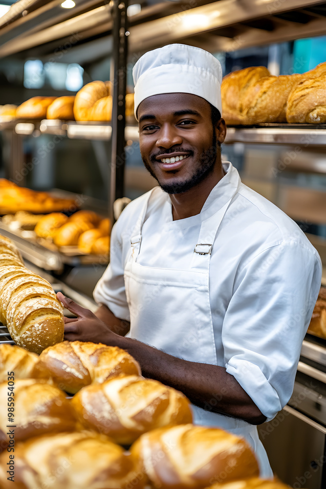 Young smiling African man in a white uniform works on a high-speed bread production line, ensuring efficient and timely bread processing. Food industry concept. Young smiling African man in a white uniform works on a high-speed bread production line, ensuring efficient and timely bread processing. Food industry concept.