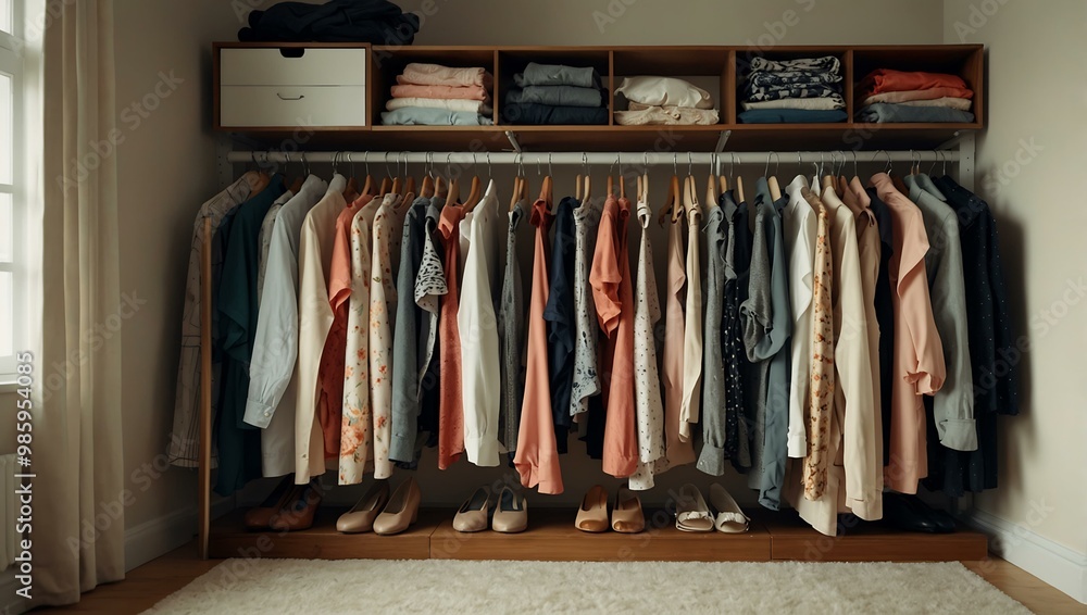 Female wardrobe filled with clothes. Female wardrobe filled with clothes.