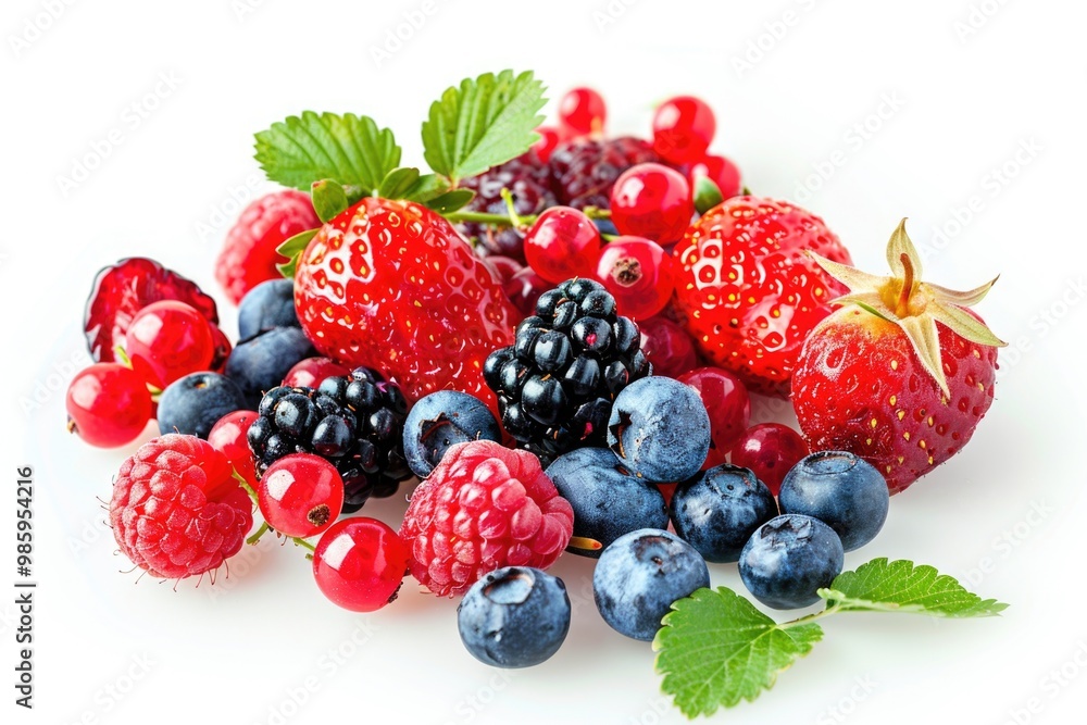 Freshly picked berries and raspberries arranged on a white surface Freshly picked berries and raspberries arranged on a white surface