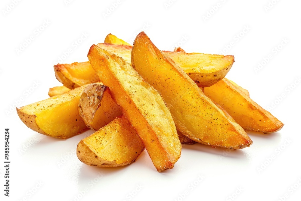 A heap of French fries on a clean white surface, perfect for food photography or illustrations A heap of French fries on a clean white surface, perfect for food photography or illustrations