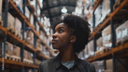 A woman stands in a warehouse, looking up