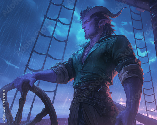 calm male tiefling captain navigating his ship through a rainy night, holding the wheel with confidence under a dark sky photo