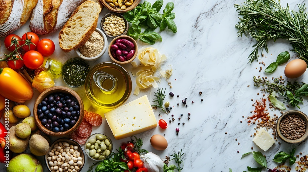 Diverse food ingredients on white marble, including artisanal bread and fresh produce, showcasing a vibrant Mediterranean diet composition with culinary variety. Diverse food ingredients on white marble, including artisanal bread and fresh produce, showcasing a vibrant Mediterranean diet composition with culinary variety.