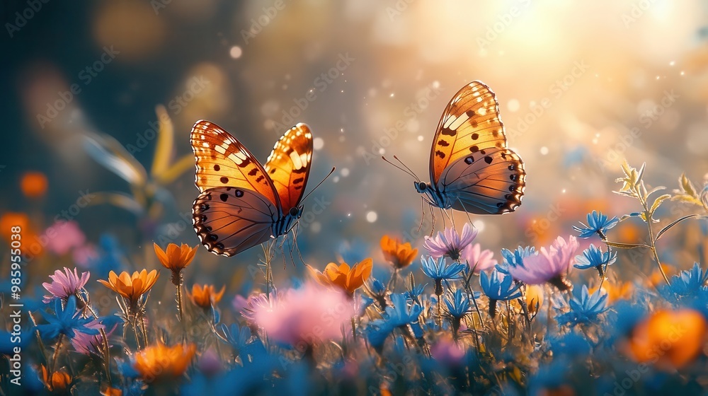 idyllic spring meadow awakening delicate butterflies with gossamer wings fluttering above carpet of vibrant wildflowers soft morning mist in background idyllic spring meadow awakening delicate butterflies with gossamer wings fluttering above carpet of vibrant wildflowers soft morning mist in background