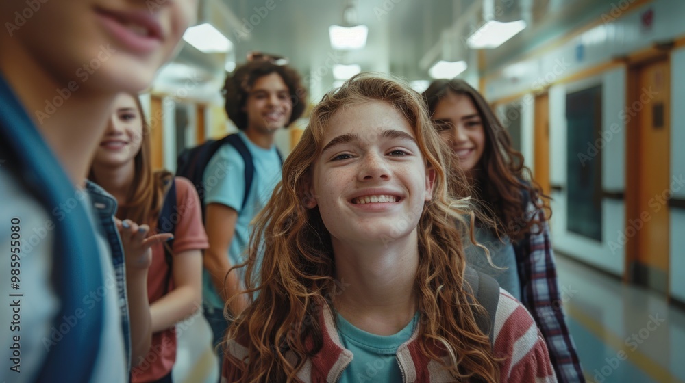 Obraz premium A group of students or friends walking together in a long hallway, possibly in a school or office setting