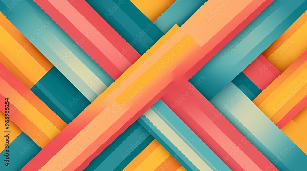 The image contains a geometric pattern of diagonal orange, yellow, teal, and red stripes, which creates a visual balance. The image contains a geometric pattern of diagonal orange, yellow, teal, and red stripes, which creates a visual balance.