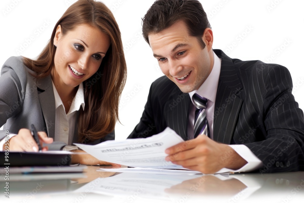 A couple working together on documents, possibly discussing business or finances A couple working together on documents, possibly discussing business or finances