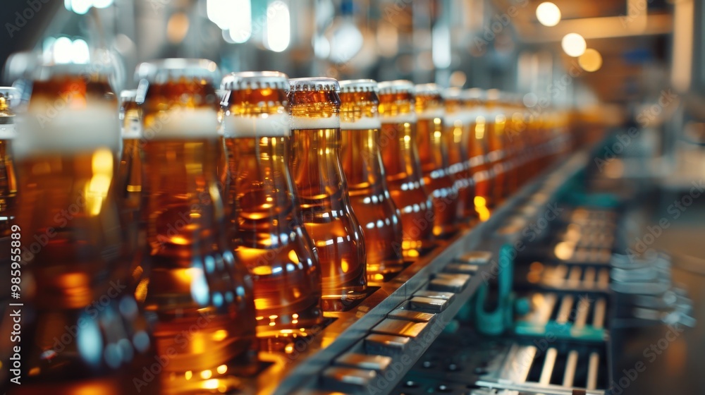 A row of beer bottles moving along a production line A row of beer bottles moving along a production line