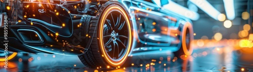 Futuristic car design showcasing internal mechanical parts in motion. Free copy space for banner.