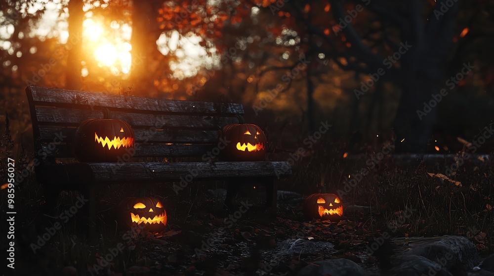 Haunted Forest Scene: Evil Jack O' Lantern Eyes Glowing Beside Wooden Bench on a Chilling Halloween Night