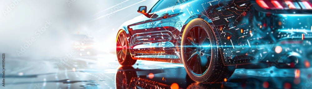 Fototapeta premium Futuristic car design showcasing internal mechanical parts in motion. Free copy space for banner.