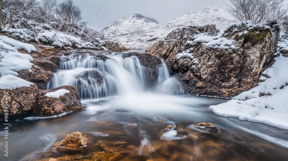 Wintery waterfall exposure in Glen Etive, Argyll Highlands, Scotland. Wintery waterfall exposure in Glen Etive, Argyll Highlands, Scotland.