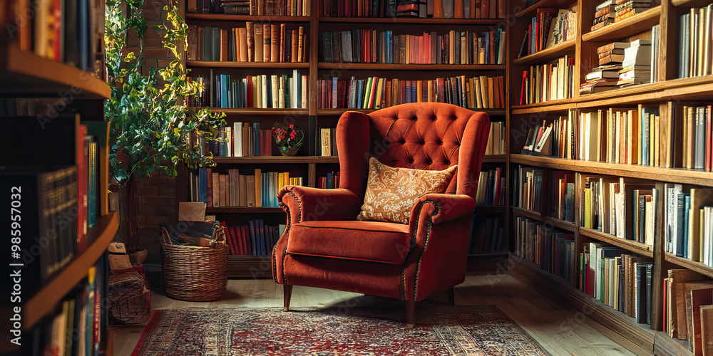 Timeless Sanctuary: A cozy armchair in a quiet library corner, surrounded by books on wooden shelves. Timeless Sanctuary: A cozy armchair in a quiet library corner, surrounded by books on wooden shelves.