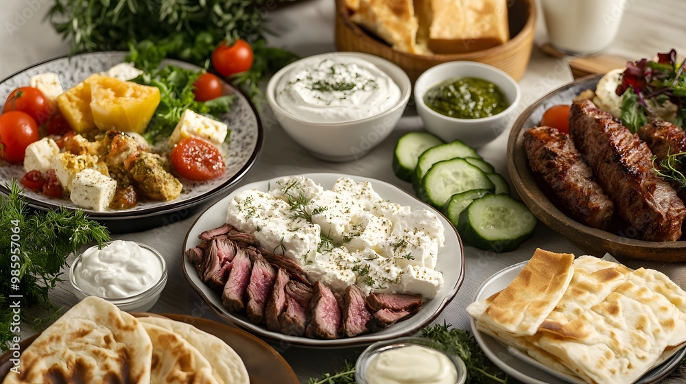 A table with various Greek dishes such as feta cheese, lamb shawarma, and salad on it. A table with various Greek dishes such as feta cheese, lamb shawarma, and salad on it.