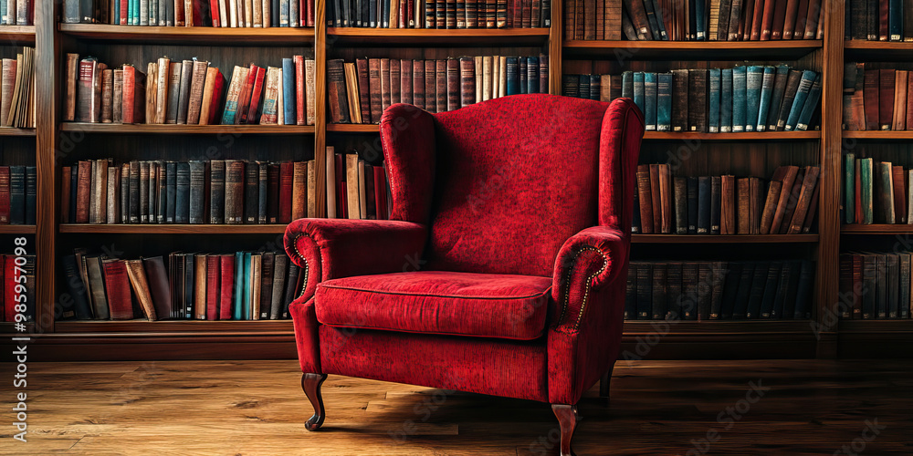 Timeless Sanctuary: A cozy armchair in a quiet library corner, surrounded by books on wooden shelves. Timeless Sanctuary: A cozy armchair in a quiet library corner, surrounded by books on wooden shelves.