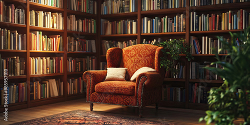 Timeless Sanctuary: A cozy armchair in a quiet library corner, surrounded by books on wooden shelves.