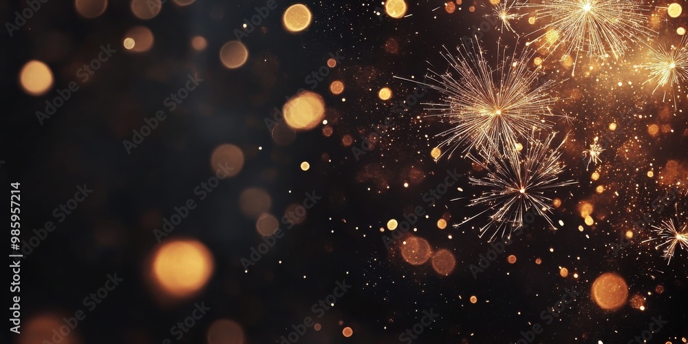 Obraz premium Silvester New Year 2025 background banner panorama long firework and sparklers on dark black night texture, with space for text