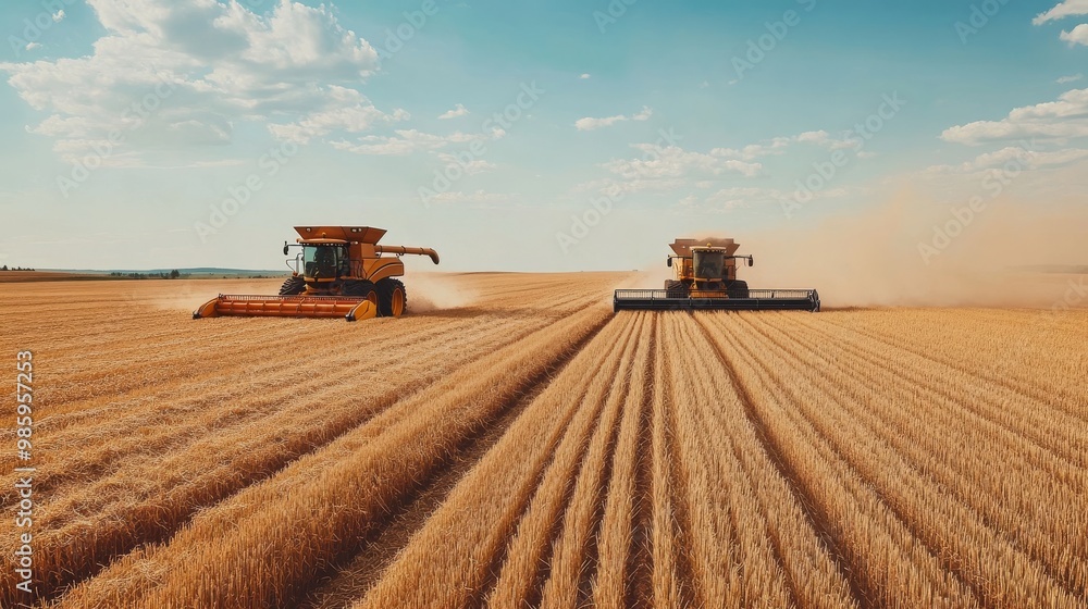 Fototapeta premium Distant shot: tractor reaping wheat.