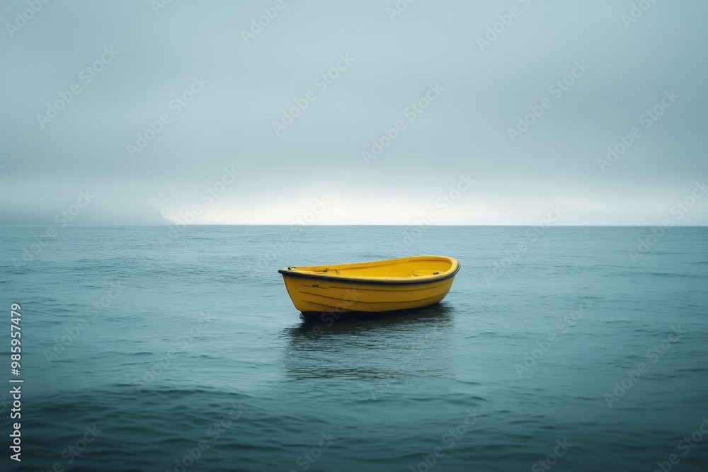 A lone yellow boat floats calmly on serene waters. The soft mist surrounds creating a tranquil scene. Perfect for calmness and solitude themes. Generative AI A lone yellow boat floats calmly on serene waters. The soft mist surrounds creating a tranquil scene. Perfect for calmness and solitude themes. Generative AI
