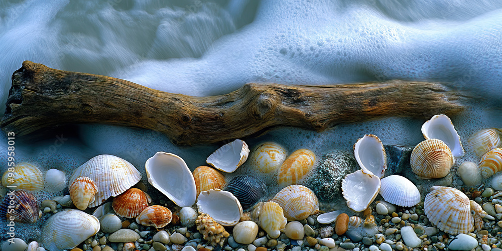 Fototapeta premium Unspoiled Serenity: A seashore littered with seashells and a single piece of driftwood.