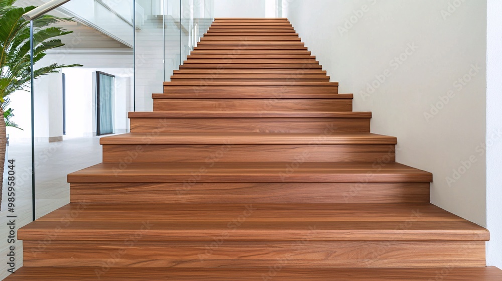 Fototapeta premium Modern wooden staircase with glass railing and plants