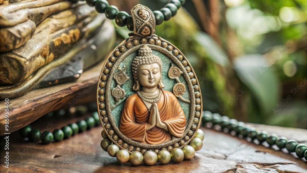 Fototapeta premium Buddha Pendant Necklace with Green Beads