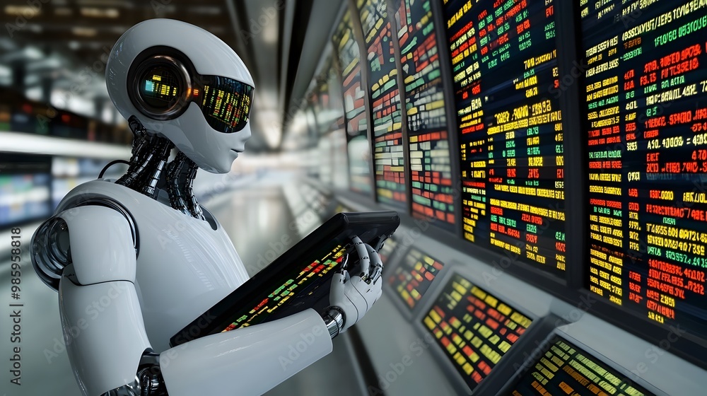 Advanced AI driven robot system closely observing and analyzing real time market data displayed on multiple screens designed for intelligent financial trading and investment decisions Advanced AI driven robot system closely observing and analyzing real time market data displayed on multiple screens designed for intelligent financial trading and investment decisions