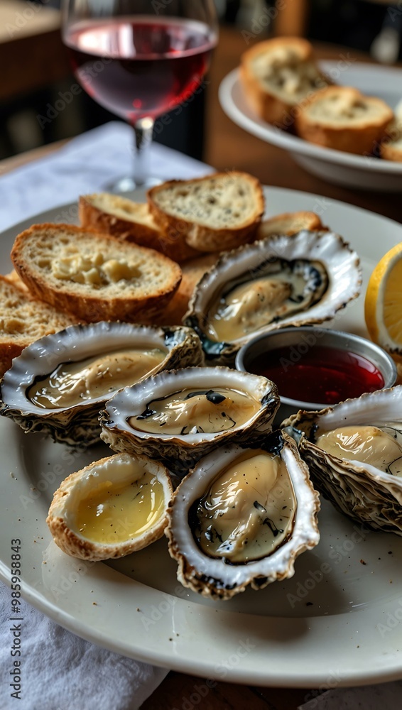 Fresh oysters with wine, bread, and butter at Arcachon bay restaurant. Fresh oysters with wine, bread, and butter at Arcachon bay restaurant.