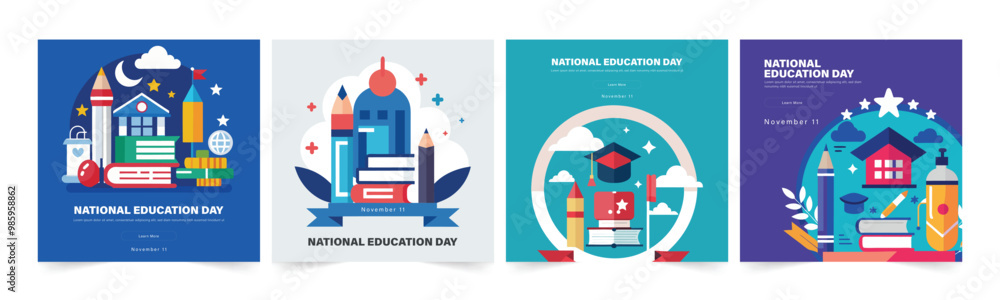 National Education Day Social Media Post Banner Design with Vector Illustration. Celebrating Special Education Day, Flat Education 2d Illustration. National Education Day Social Media Post Banner Design with Vector Illustration. Celebrating Special Education Day, Flat Education 2d Illustration.