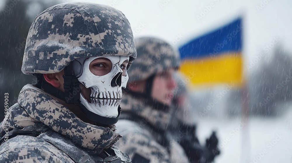 Fototapeta premium Soldiers in snowy terrain show intensity and resolve, ready for action