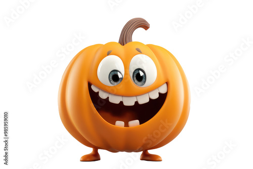 The image features a cheerful, cartoon pumpkin with big eyes and a wide smile. Its round shape and vibrant color make it a charming character for autumn themes and Halloween.