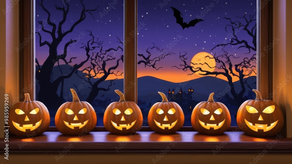 Fototapeta premium Glowing jack-o'-lanterns sit on a windowsill, while a full moon, bats, and spooky trees create a perfect Halloween night scene outside
