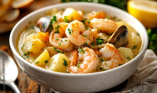 Shrimp and clam chowder in a white bowl.