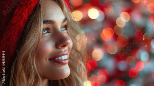 クリスマスの灯の中で笑顔の女性 photo