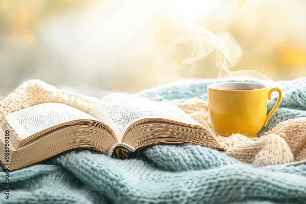 This cozy image shows an open book and a steaming yellow cup resting on a soft blanket, bathed in warm sunlight, evoking feelings of relaxation and comfort. This cozy image shows an open book and a steaming yellow cup resting on a soft blanket, bathed in warm sunlight, evoking feelings of relaxation and comfort.