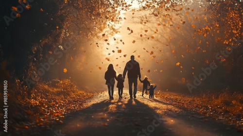 Family Walking Through Autumn Forest with Falling Leaves