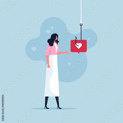 Woman have been deception from internet criminals by means of make her falling in love, a like icon hanging on a fishing hook, dangerous manipulations in relationships