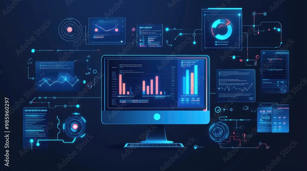a computer and dashboard for data business analysis and Data Management System, Customers database, gather information to report, Data science technology and digital marketing icons a computer and dashboard for data business analysis and Data Management System, Customers database, gather information to report, Data science technology and digital marketing icons