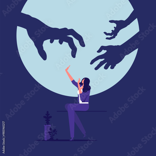 Woman around whom there is darkness and shadows of hands, a symbol of phobia, fear of darkness and nightmares, concept of panic attacks, fear, phobias